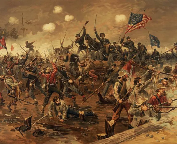 Union and Confederate soldiers clash in brutal hand-to-hand combat at the Bloody Angle during the Battle of Spotsylvania Court House, as Union troops surge over Confederate earthworks amid smoke, flags, and fallen soldiers.